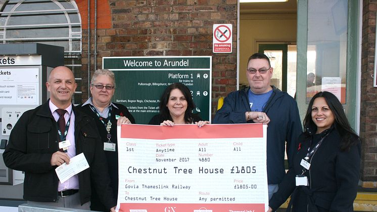The donation made at Arundel Station (from left): Keith Hills On-Board Supervisor Manager (Barnham depot), Laura Lee, Station Sales Clerk (Arundel), Terrina Barnes, Corporate Fundraising Manager from Chestnut Tree House 