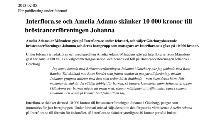 Interflora.se och Amelia Adamo skänker 10 000 kronor till bröstcancerföreningen Johanna