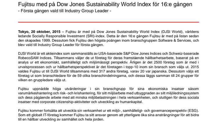 Fujitsu med på Dow Jones Sustainability World Index för 16:e gången