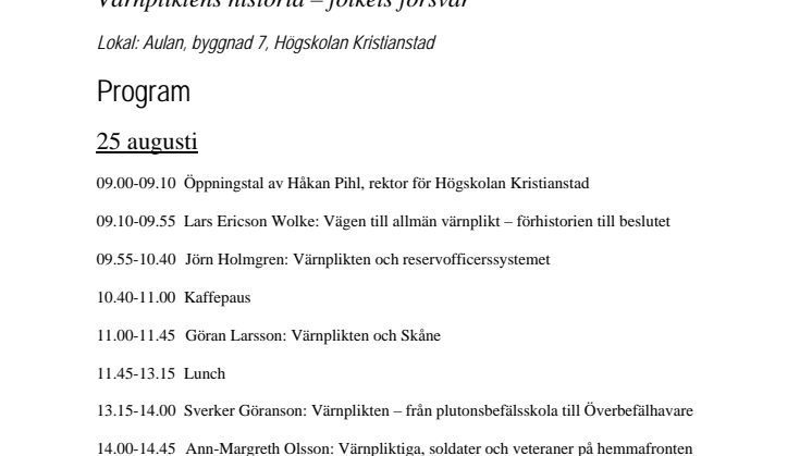 Program för symposium om värnpliktens historia