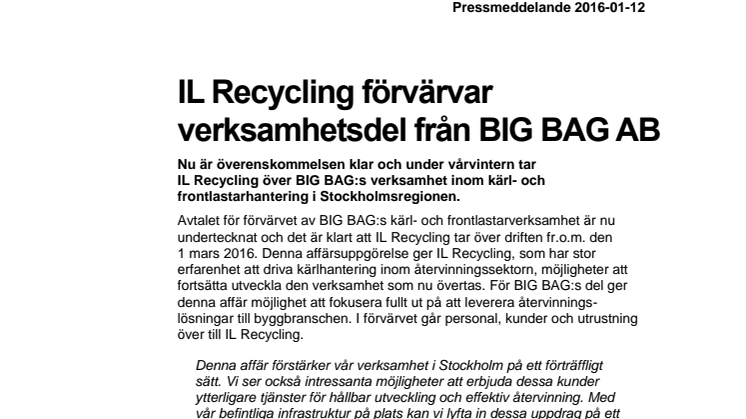IL Recycling förvärvar verksamhetsdel från BIG BAG AB