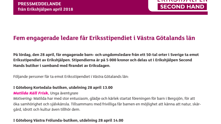 Fem engagerade ledare får Eriksstipendiet i Västra Götalands län