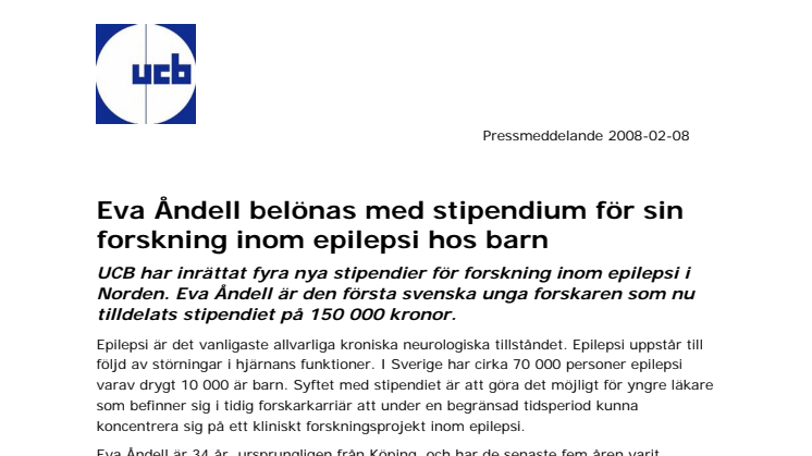 Eva Åndell belönas med stipendium för sin forskning inom epilepsi hos barn 