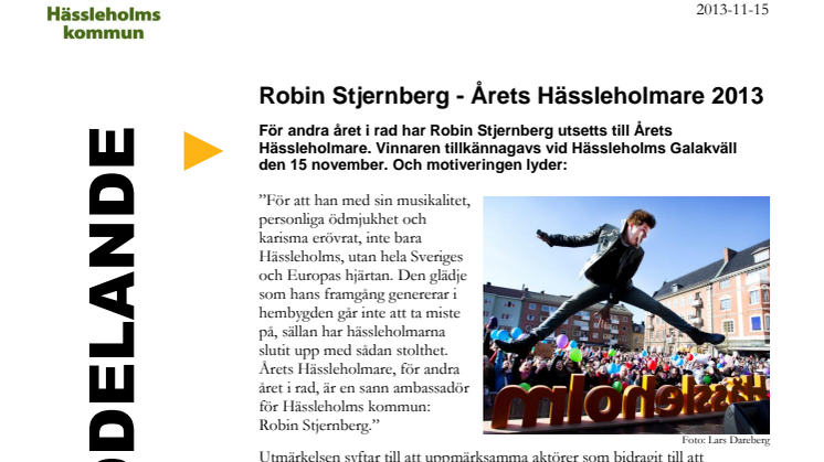 Robin Stjernberg - Årets Hässleholmare 2013