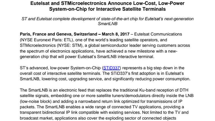 Eutelsat and STMicroelectronics Announce Low-Cost, Low-Power System-on-Chip for Interactive Satellite Terminals