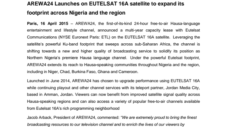 AREWA24 launches on EUTELSAT 16A satellite to expand footprint across Nigeria and surrounding regions
