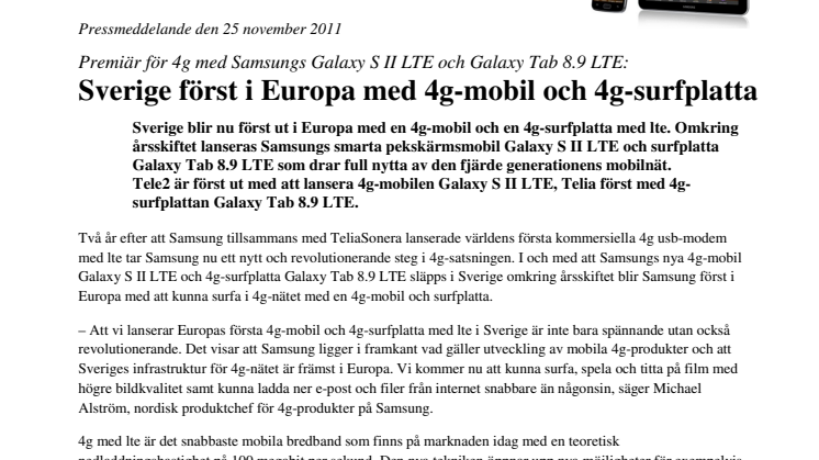 Sverige först i Europa med 4g-mobil och 4g-surfplatta