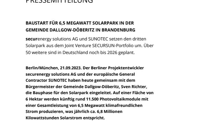 Pressemitteilung: Baustart für 6,5 Megawatt Solarpark in der Gemeinde Dallgow-Döberitz in Brandenburg
