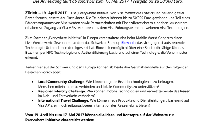 Visa startet europaweiten Wettbewerb „Everywhere Initiative“ für Start-ups 