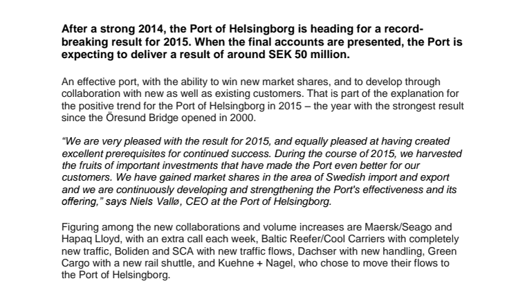 Port of Helsingborg heading for new record year 2015