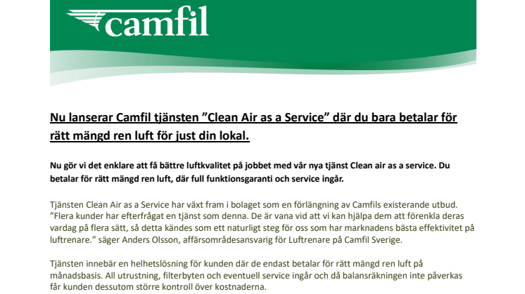 Nu lanserar Camfil tjänsten ”Clean Air as a Service”. 