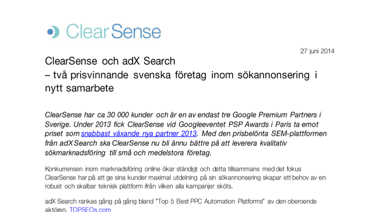 ClearSense och adX Search  – två prisvinnande svenska företag inom sökannonsering i nytt samarbete 