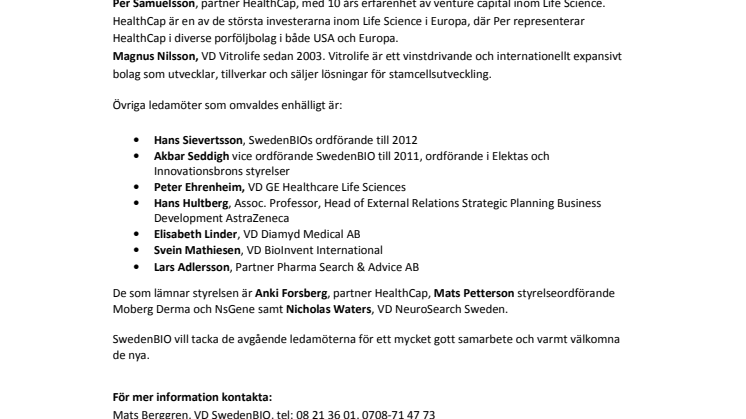 Nya ledamöter i SwedenBIOs styrelse 2010