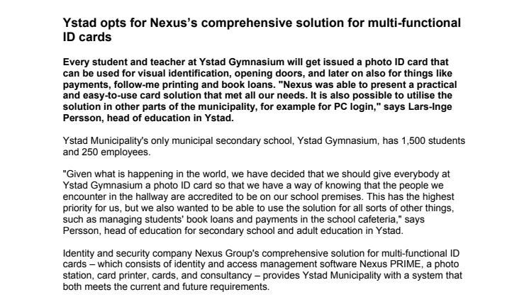 Ystad opts for Nexus’s comprehensive solution for multi-functional ID cards