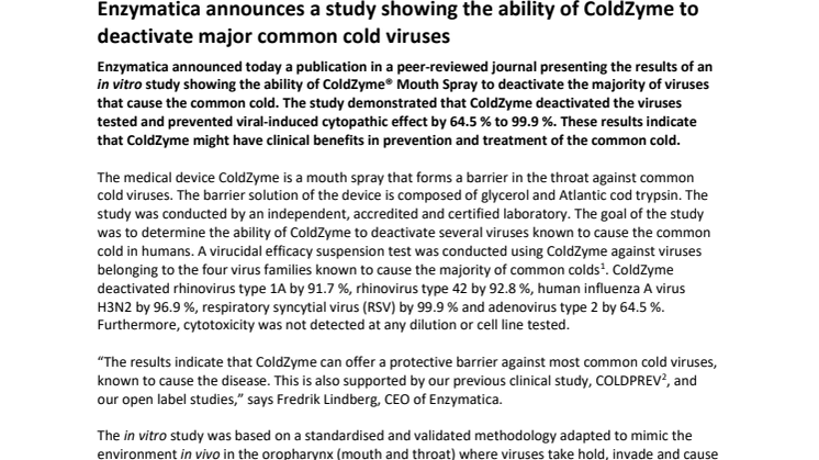 Enzymatica announces a study showing the ability of ColdZyme to deactivate major common cold viruses