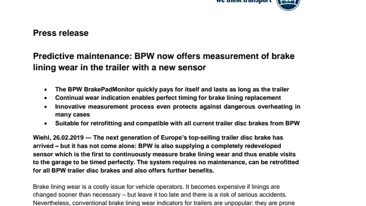 Predictive maintenance: BPW now offers measurement of brake lining wear in the trailer with a new sensor 