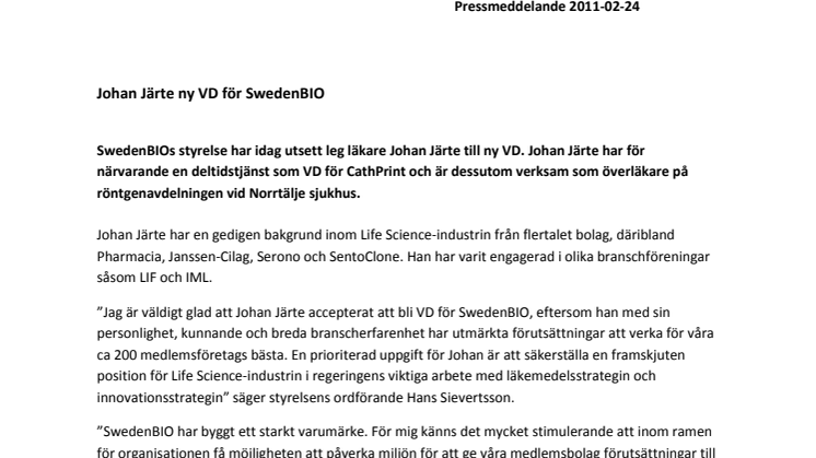 Johan Järte ny VD för SwedenBIO