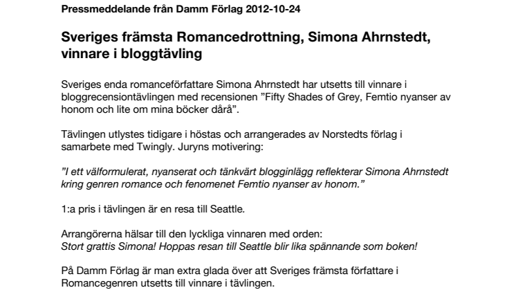 Sveriges främsta Romancedrottning, Simona Ahrnstedt, vinner resa till 50 shades of Grey-staden Seattle