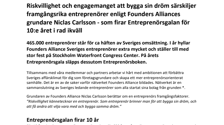 Riskvillighet och engagemanget att bygga sin dröm särskiljer framgångsrika entreprenörer enligt Founders Alliances grundare Niclas Carlsson - som firar Entreprenörsgalan för 10:e året i rad ikväll