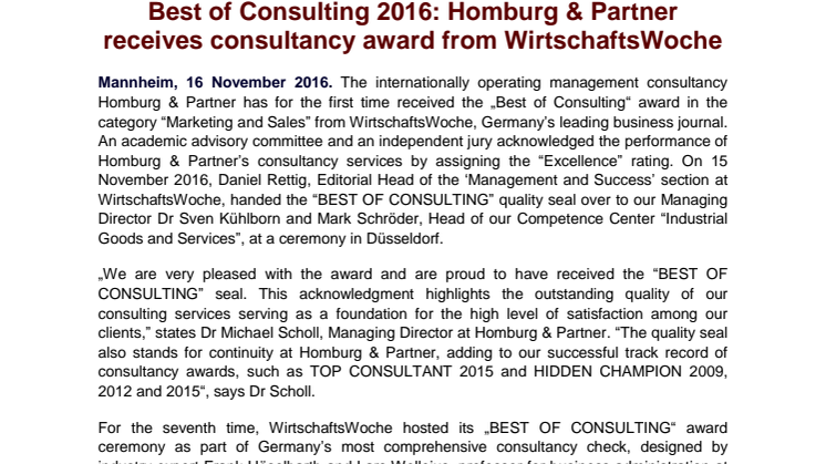 Best of Consulting 2016: Homburg & Partner receives consultancy award from WirtschaftsWoche 