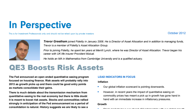 Trevor Greetham´s Investment Clock October: QE3 boosts risk assets