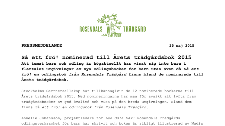 Så ett frö! nominerad till Årets trädgårdsbok 2015