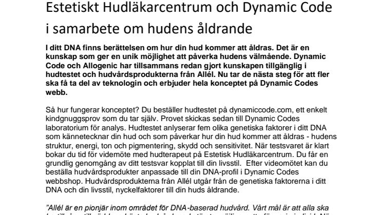 Estetiskt Hudläkarcentrum och Dynamic Code i samarbete om hudens åldrande 