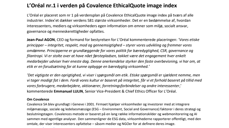 Fokus på etik: L’Oréal nr 1 i verden på Covalence EthicalQuote image index