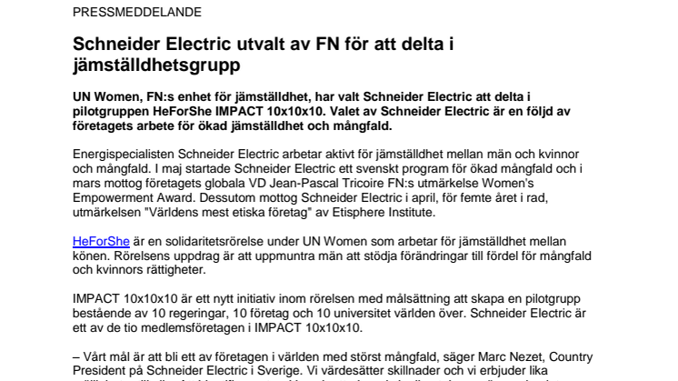 Schneider Electric utvalt av FN för att delta i jämställdhetsgrupp 