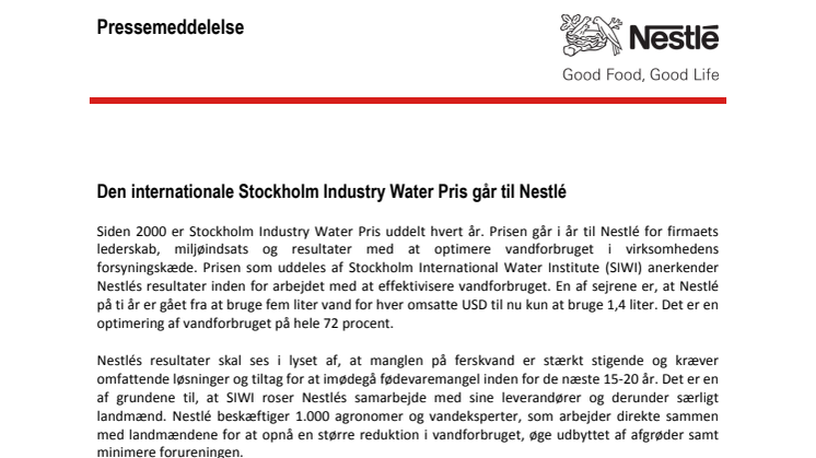 Den internationale Stockholm Industry Water Pris går til Nestlé