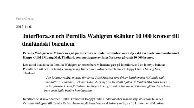 Interflora.se och Pernilla Wahlgren skänker 10 000 kronor till thailändskt barnhem 