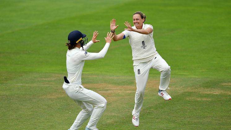 Laura Marsh celebrates the wicket of Alyssa Healy on day four at Taunton