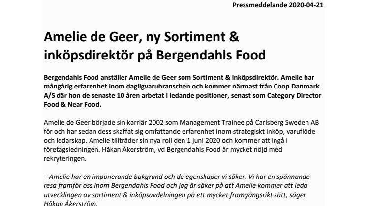 Amelie de Geer, ny Sortiment & inköpsdirektör på Bergendahls Food