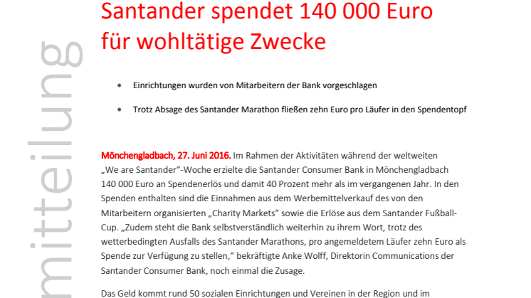Santander spendet 140 000 Euro für wohltätige Zwecke
