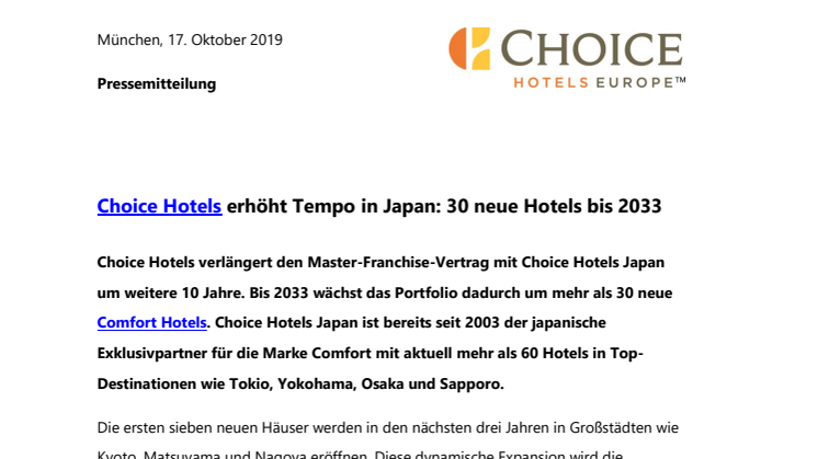 Choice Hotels erhöht Tempo in Japan: 30 neue Hotels bis 2033 