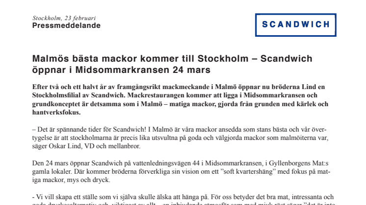 Scandwich öppnar i Midsommarkransen 24 mars – Malmös bästa mackor kommer till Stockholm
