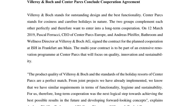 Villeroy & Boch and Center Parcs Conclude Cooperation Agreement
