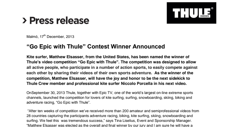 “Go Epic with Thule” Contest Winner Announced 