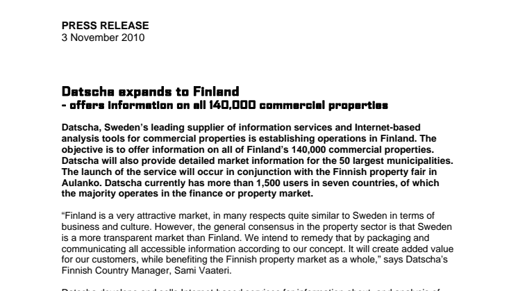 Datscha expands to Finland - offers information on all 140,000 commercial properties