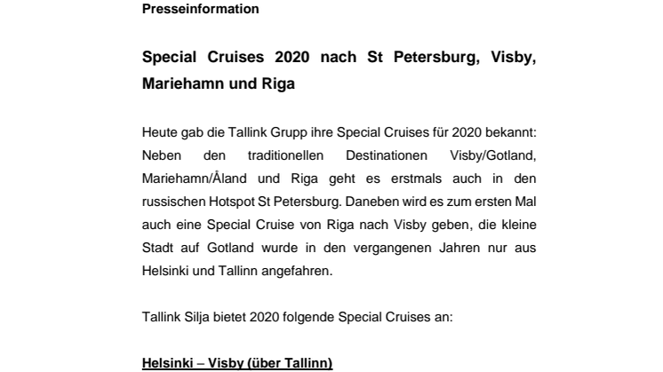 Special Cruises 2020 nach St Petersburg, Visby, Mariehamn und Riga 