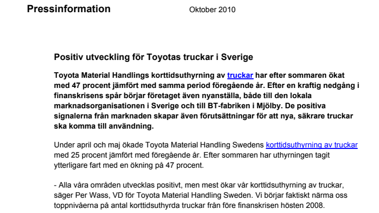Positiv utveckling för Toyotas truckar i Sverige