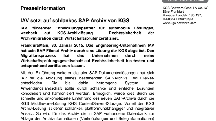 IAV setzt auf schlankes SAP-Archiv von KGS 
