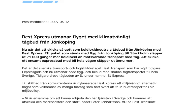 Best Xpress utmanar flyget med klimatvänligt tågbud från Jönköping