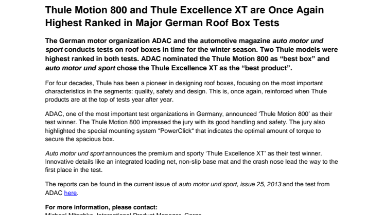 Thule Motion 800 and Thule Excellence XT are Once Again Highest Ranked in Major German Roof Box Tests 