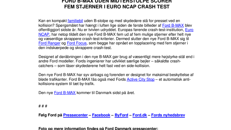 FORD B-MAX UDEN MIDTERSTOLPE SCORER FEM STJERNER I EURO NCAP CRASH-TEST