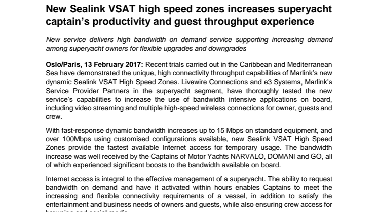 Marlink: New Sealink VSAT High Speed Zones increase superyacht captains' productivity and guest throughput experience 