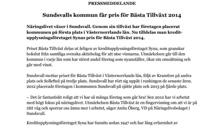 ​Sundsvalls kommun får pris för Bästa Tillväxt 2014