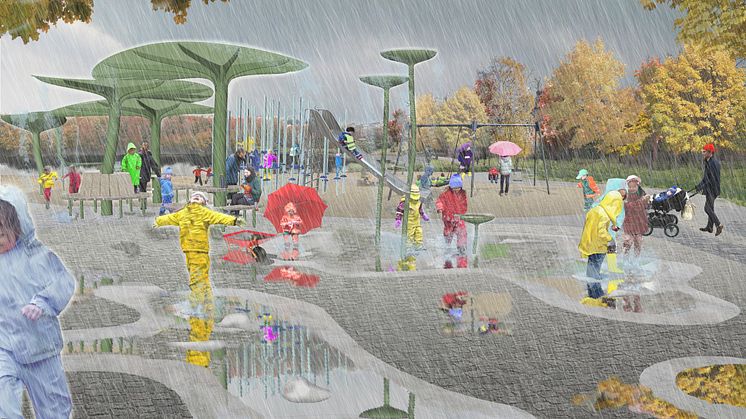 Missa inte invigningen av Göteborgs regnlekplats. Det blir tal, sång, lek och dans. Illustration: 02landskap