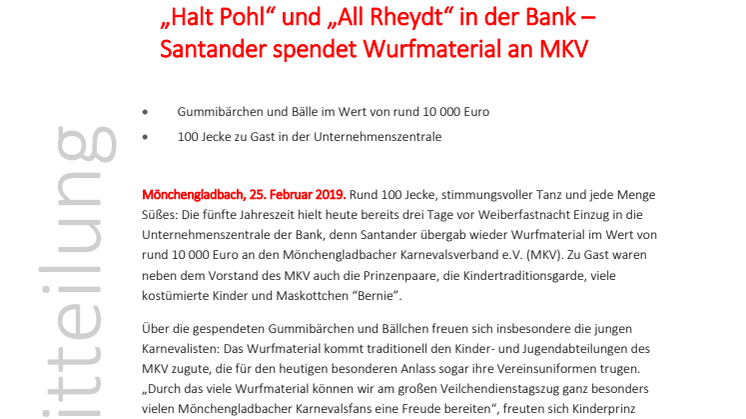 „Halt Pohl“ und „All Rheydt“ in der Bank – Santander spendet Wurfmaterial an MKV