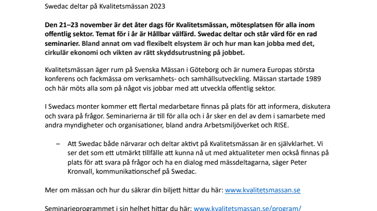 Swedac deltar på Kvalitetsmässan 2023